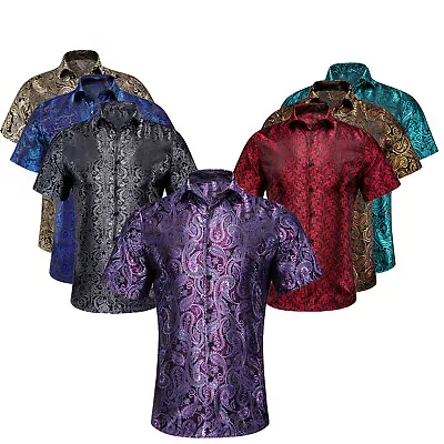 100% Silk Mens Shirt Purple Blue Red T Shirt Short Sleeve Casual Dress Suit Top • £16.79