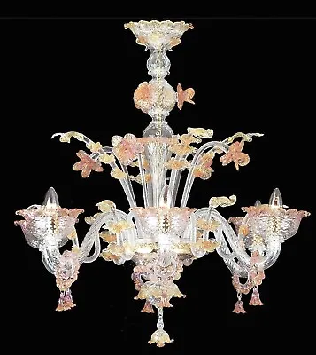Chandelier Venetian Glass Of Murano With Gold Cert 24 Made In Italy 6 Lights • £2847.85