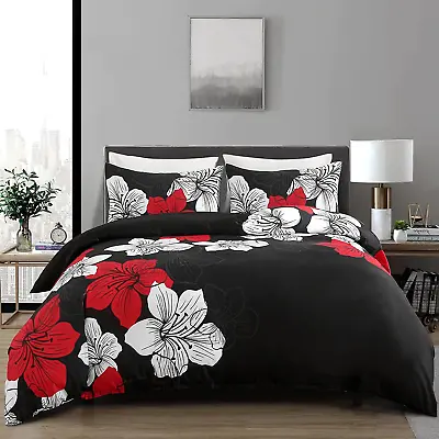 Black Comforter Set Queen Red And White Floral Comforter 2 Pillowcases Modern • $49.64