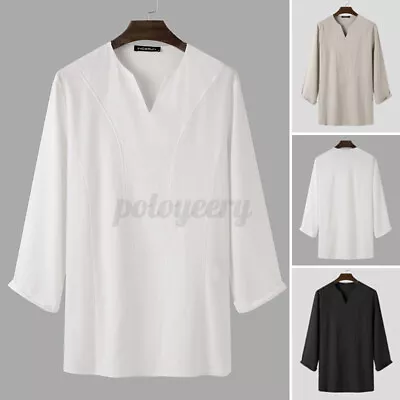 S-5XL Mens Muslim Arab Kurta Loose Shirt Blouse Tunic Long Sleeve T Shirt Tops • £16.75