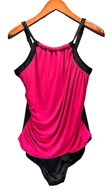 MIRACLESUIT One Piece Layer Ruching Swimsuit Pink Black Women’s Sz 18 • $27