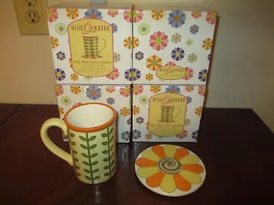 (4) NIB Gorham Merry Go Round MARY MARY QUITE CONTRARY Yellow Mugs + Coaster Lid • $38.80