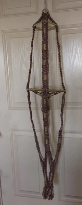 $25.50 • Buy Vintage New Macrame Plant Hanger 2 Sections 52  Total Taupe Gold Nylon Cord BoHo