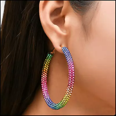 LARGE RHINESTONE MULTI COLOR CRYSTAL HOOP EARRINGS Rainbow Pride 6cm Fashion • $11.99