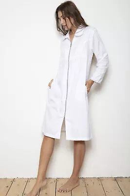 Cottonreal 100% Cotton White Shadow Stripe Zip Up Dressing Gown Robe • £44.99