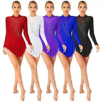Womens Figure Ice Skating Competition Dress Mesh Patchwork Lyrical Dance Costume • £24.28