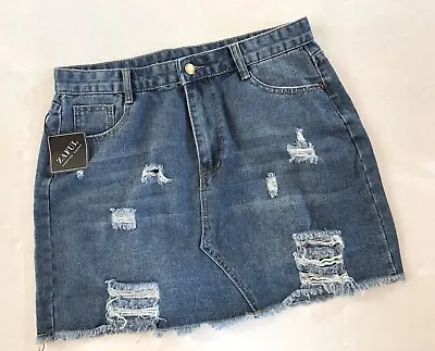 Zaful Distressed Denim Short Mini Skirt Size M 32 X 16 Raw Hem Frayed Jean New • $9.97