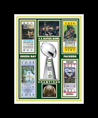 Green Bay Packers Matted Photo Showing All 4 Super Bowl Champs Game Tix @ Ring • $10.95