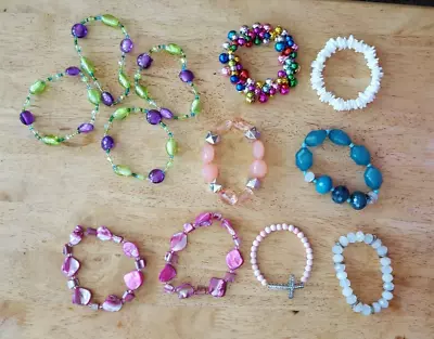 Vintage Lot 12 Beaded Stretch Bracelets  Multi Color Mother Of Pearl Plastic • $4