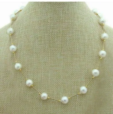 New Aaaa Round 9-10mm Akoya White Pearl Station Necklace 24  14k Gold Clasp • $45