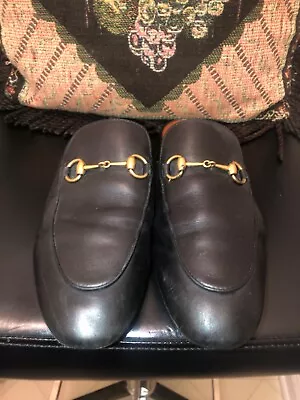 Gucci Black Leather Slip On Mule Sandals Gold Horse Bit Size 38.5 • $195