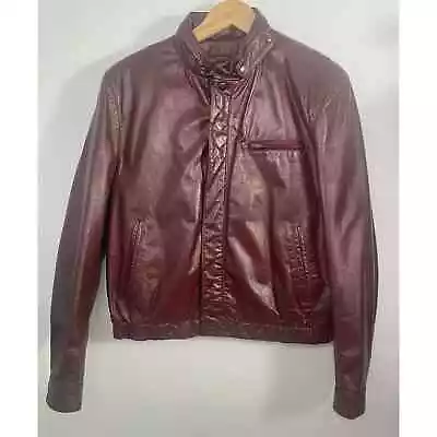 Vintage Bermans 80s Burgundy Leather Racer Jacket Size 42 • $89