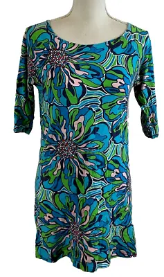 Lilly Pulitzer Cassie Slub Dress S Blue Green Pink White Floral 3/4 Sleeve • $24.49