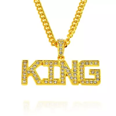 Gold KING Chain Necklace Punk Big Gangster Shinny Rapper Fancy Dress Costume • £5.49