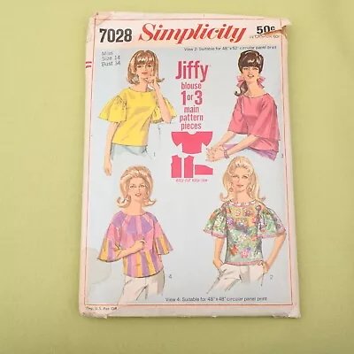 Vintage 1960s Simplicity Big Sleeve Blouse Sewing Pattern 7028 Bust 34 Complete • $10