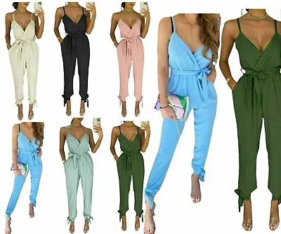 Women's V Neck Wrap Over Ankle Tie Waist Ladies Strappy Cami Jumpsuit Playsuit • £17.99