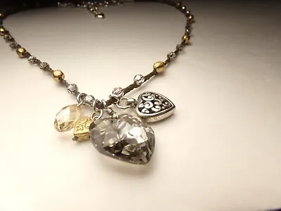Vtg Brighton Silver Yellow Gold Plate Smoked Crystal Drop Charm Necklace 20  • $19.20