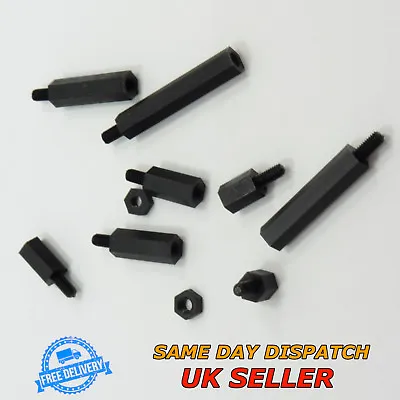 Black Nylon Hex Male M3 Thread Pillars + Nut Plastic PCB Spacer Studs Standoff  • £2.69