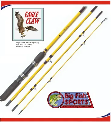 EAGLE CLAW Pack It Rod Spin /Fly 7'6  4Pc Medium #PK601-76 FREE USA SHIPPING! • $36.99