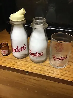 Borden's Elsie The Cow Glass Milk Bottle Lot 4 Items Amber Miniature Drink Lid • $34.95