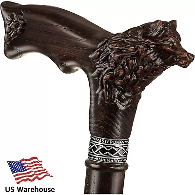 Walking Cane For Men - Carved Wooden Wolf Women Walking Canes - Oak Wood Cane • $98.50