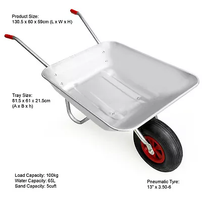 Heavy Duty 65L Galvanised Metal Wheelbarrow Home Garden Cart With Tyre - 100Kg • £28.85