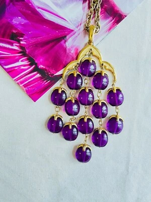 £349.99 • Buy Crown Trifari 1950s Long Layers Purple Lucite Waterfall Pendant Necklace, Gold