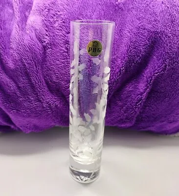 Vintage Etched Glass Bud Vase Floral Round PBG China 7  Tall • $13.49
