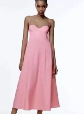 New Beautiful Zara Size Small 8-10 Pink Poplin Midi Maxi Midaxi Slip Dress • £12.95