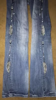 Cowgirl Tuff Western Denim Brave Wings Silver Feather Embroidery Jeans SzW:27/33 • $69.99