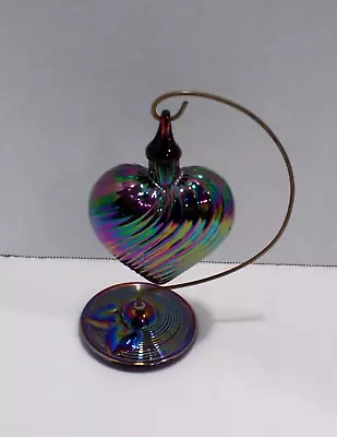 Vtg Hand Blown Art Glass Ornament Iridescent Cobalt Blue Heart W Stand • $14.50