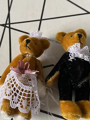 Miniature Velvet Teddy Bears Wedding Bride Groom Dolls House Jointed • £22