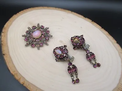 Antique Purple Rhinestone Faux Opal Clip Drop Earrings Brooch Set Signed Matisse • $66.50