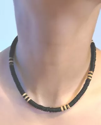 Wooden Beaded Black/cream Mens /womens Choker 6mm Necklace Length 16  • $6.32