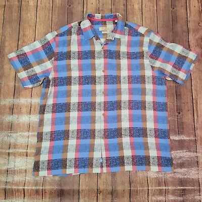 Tommy Bahama Mens Shirt Blue Size 2XL XXL Button Down Silk Plaid Short Sleeve • $31.99