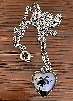 Vintage Butterfly Wing Palm Tree Heart Pendant Necklace 17  Chain • $14.01