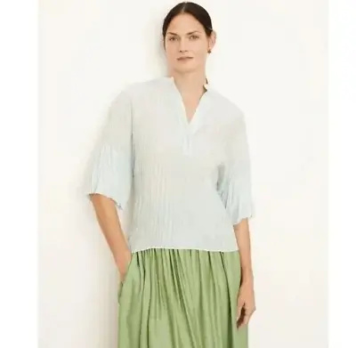 New Vince Women's Short Sleeve Silk Crushed Band Collar Blouse Sky Blue. Size M • $49.20