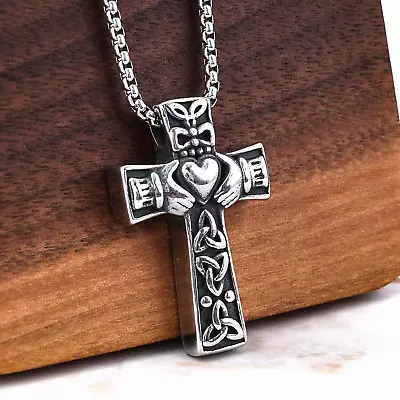 Celtic Trinity Knot Claddagh Cross Pendant Necklace Men's Jewelry Chain 24  Gift • $11.89