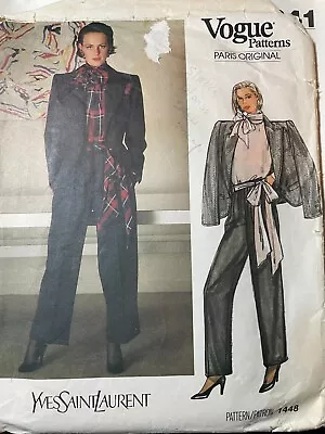 Vogue 1448 Vintage 80's Yves Saint Laurent Paris Originals Pattern Sz. 10 Comp.- • $12