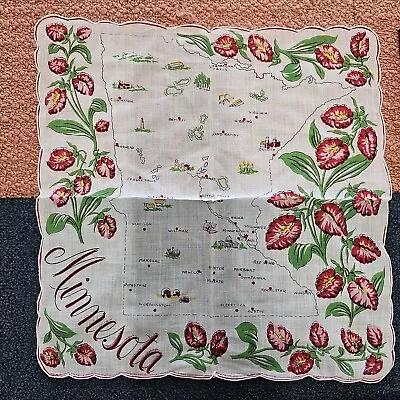 Franshaw Minnesota Handkerchief Souvenir State Hankie Red Map Flower P3a • $4.99