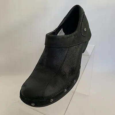 Merrell Clogs Luxe Wrap Black Leather Bike Round Toe Slip On Shoes Size 6.5 • $24.95