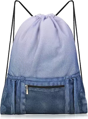 Mesh Drawstring Backpack Bag Beach Bag With Zipper Pocket Gym Backpack Bag For S • $15.88