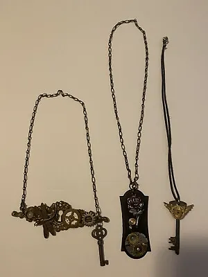 Lot Of 3 Steampunk Handmade Boutique Necklaces Reused Materials Keys Gears Watch • $39.99