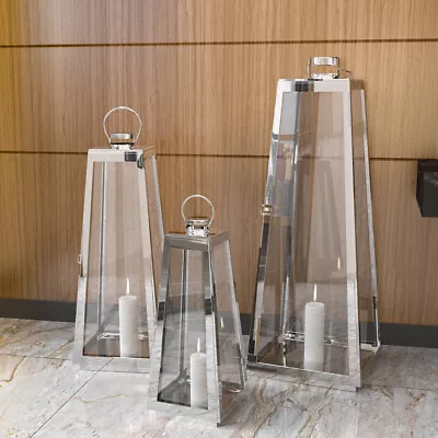 £79.95 • Buy Three Large Modern Metal Taper Candle Lanterns Set Floor Hurricane Candle Holder