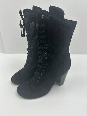 Amanda Smith Size 7.5 M Black Velvet Lace Boots  Victorian Lace Up • $29.95