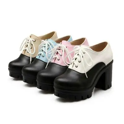 Women Chunky Bolck High Heel Lace Up Dress Pumps Casual Platform Saddle Shoes • $48.44