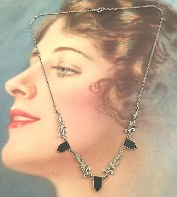 Vintage Jewellery Sterling Silver Onyx Marcasite Antique Deco Necklace Jewelry  • $495