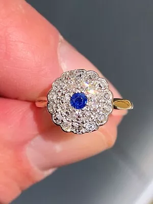 Antique Edwardian Natural Ceylon Sapphire & Diamond Flower Ring 18ct Gold • £80