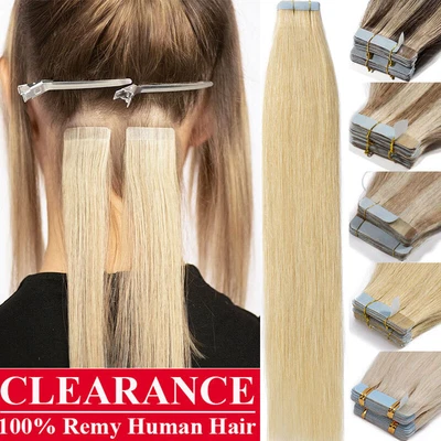 £24.03 • Buy Invisible 100% Tape In Remy Skin Weft Human Hair Extensions Full Head 613 Blonde