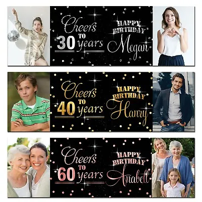 £5.99 • Buy 2 Personalised Birthday Banner Photo Silver Gold Rose Gold Party Wedding Poster
